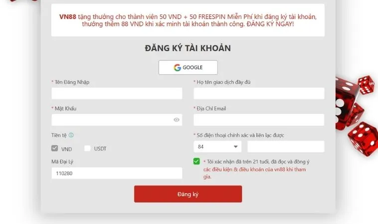 Hướng Dẫn Đăng Ký VN88 Từ A Đến Z Cho Người Mới 2 Giao diện đăng ký VN88