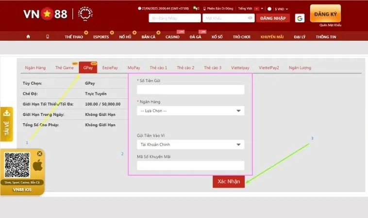 Hướng Dẫn Nạp Tiền VN88 Hiệu Quả Cho Người Chơi 2 Giao diện nạp tiền VN88