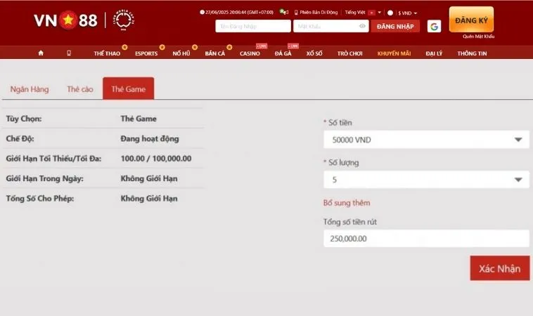 Giao diện rút tiền VN88